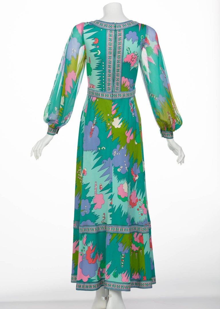 Bessi Multicolored Silk Jersey Chiffon Sleeves Maxi dress, 1970s