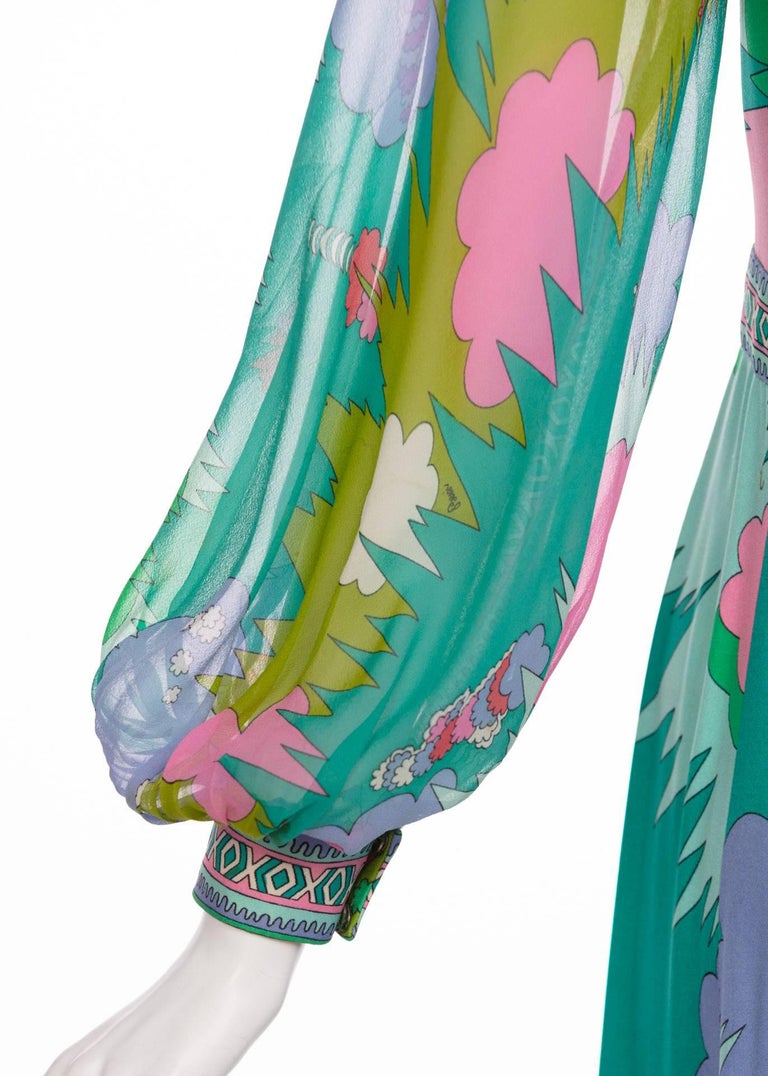 Bessi Multicolored Silk Jersey Chiffon Sleeves Maxi dress, 1970s