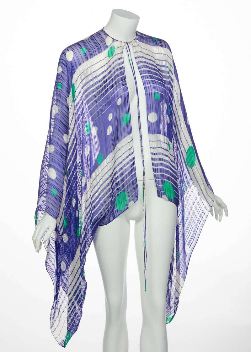 Sheer Silk Multicolored Dots and Stripes Kimono Sleeve Top, 1970s