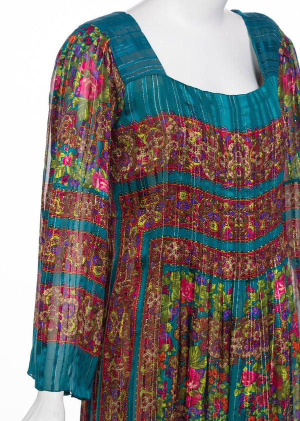 1970s Pauline Trigère Silk Floral Metallic Bell Sleeve Caftan Maxi Dress