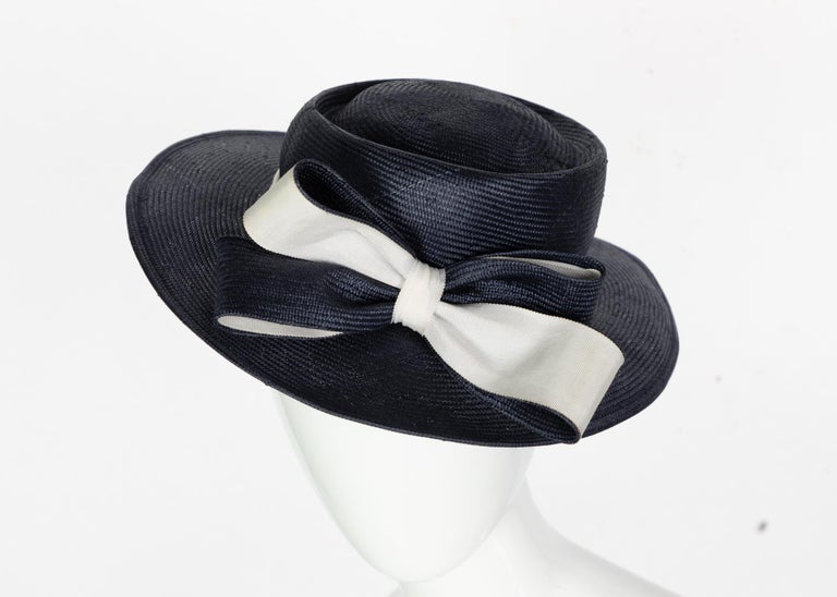 Oscar de la Renta Navy White Bow Straw Hat
