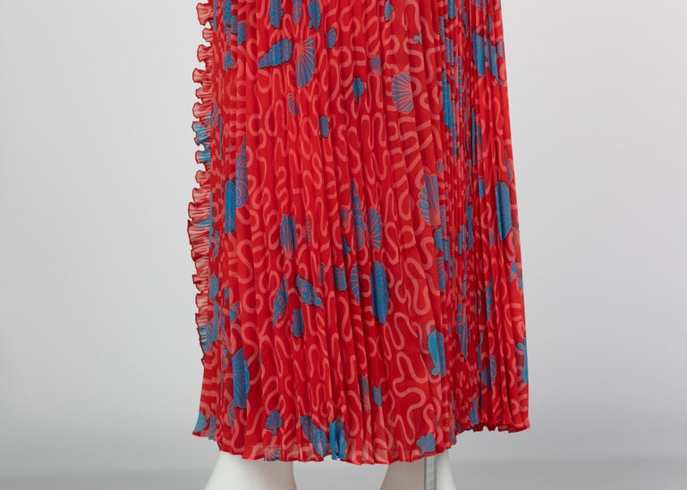 Zandra Rhodes Red Pleated Shell print Caftan and Sleeveless Dress Set, 1970s