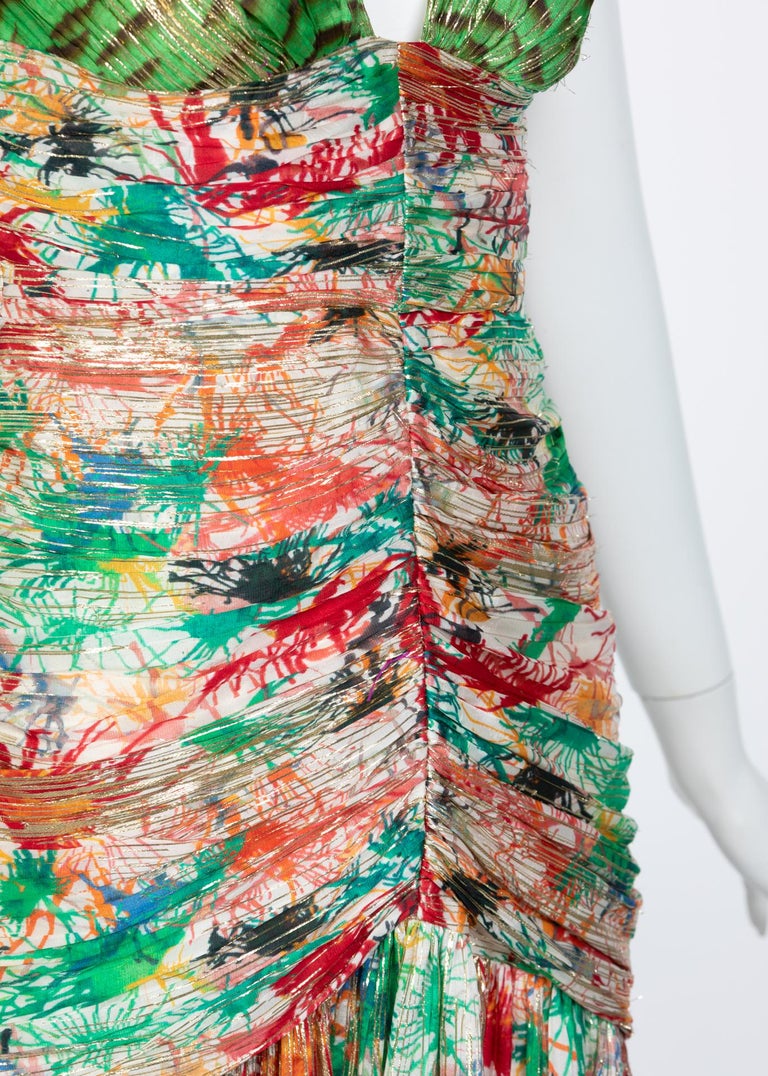 Zac Posen Splash Paint Multicolored Print Silk Lamè Cutout Back Dress, 2006