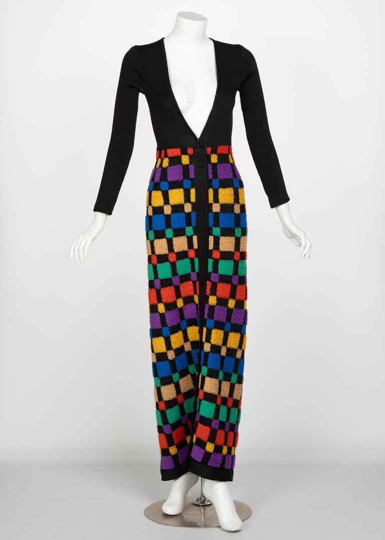 Vintage Color-Block Maxi Plunge Neck Sweater Dress, 1960s