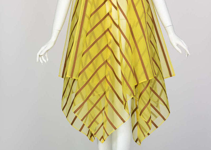 Issey Miyake Yellow Organza Brown Striped Handkerchief Dress