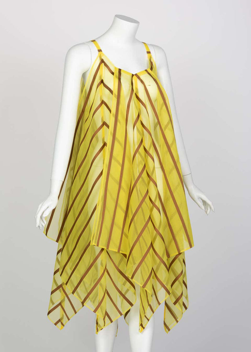 Issey Miyake Yellow Organza Brown Striped Handkerchief Dress