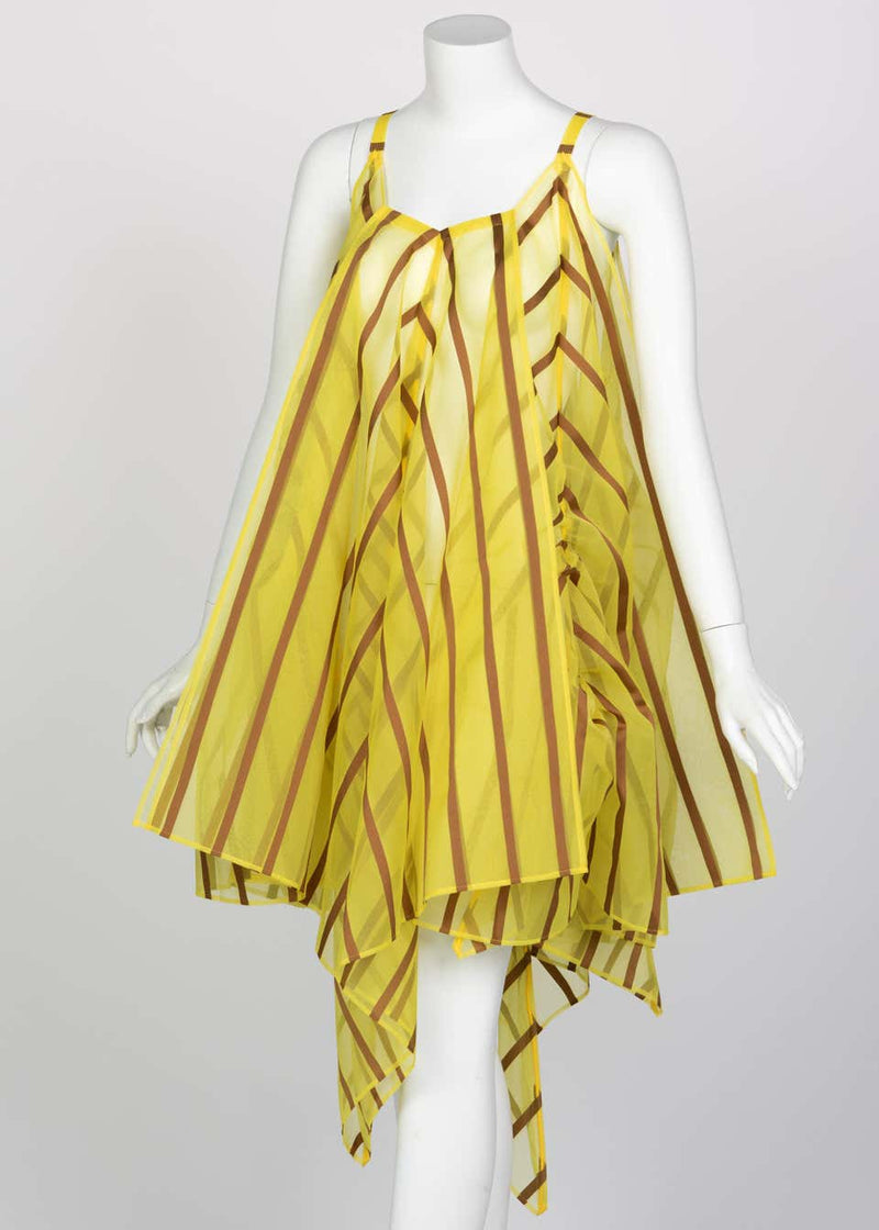 Issey Miyake Yellow Organza Brown Striped Handkerchief Dress