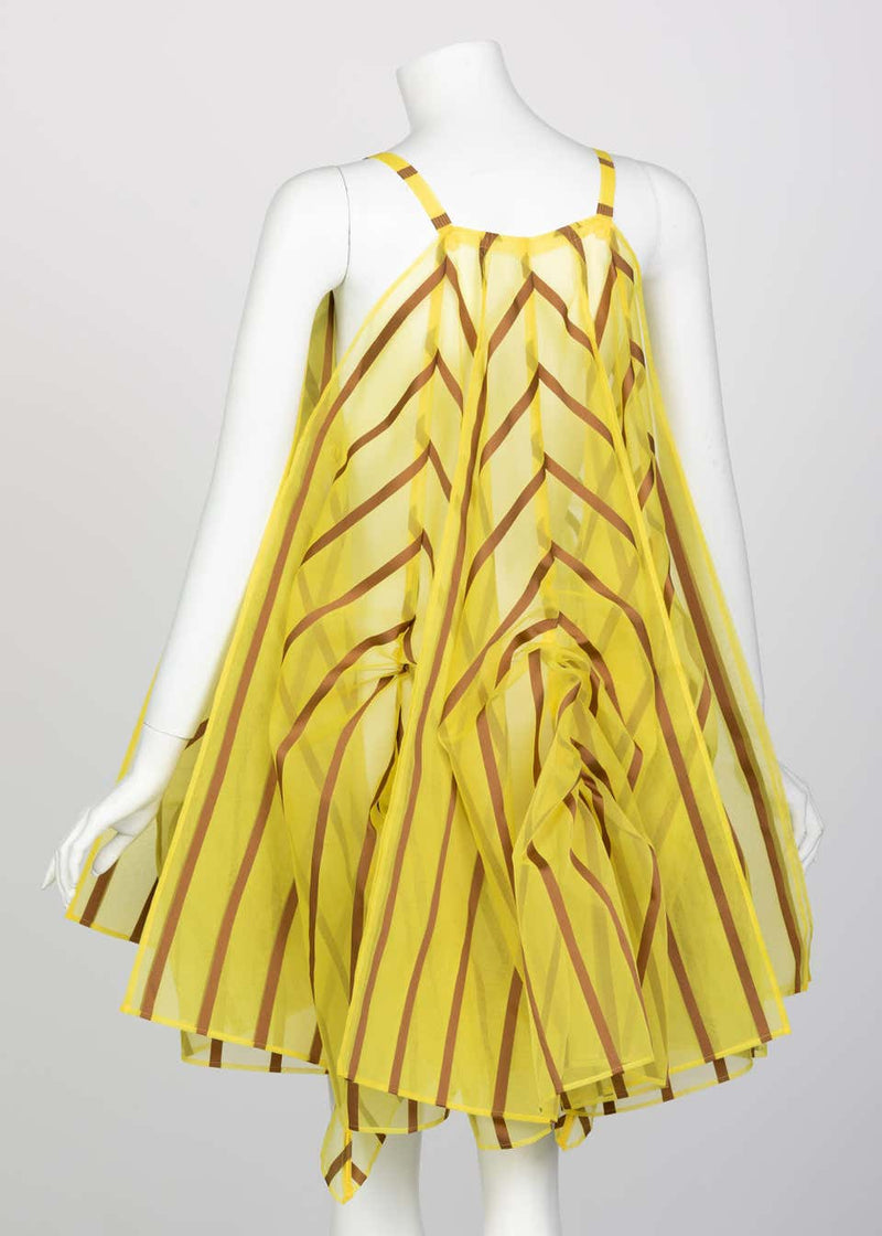 Issey Miyake Yellow Organza Brown Striped Handkerchief Dress