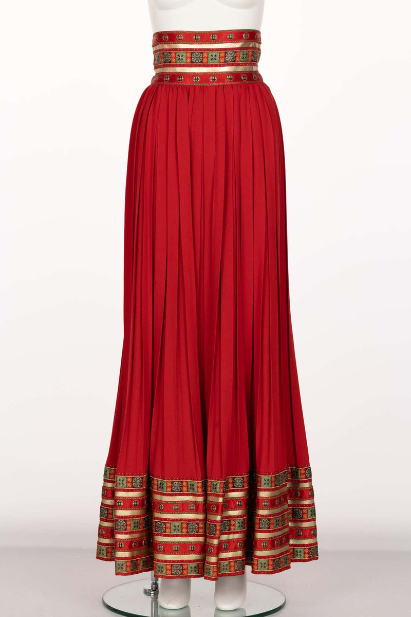 Lanvin Jules-François Crahay Demi Couture Documented  Red Pleated Brocade Maxi Skirt 1970s