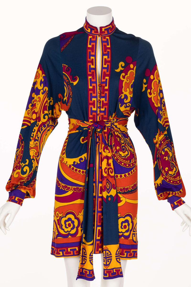 1970s Leonard Paris Silk Jersey Print belted Tunic Mini Dress