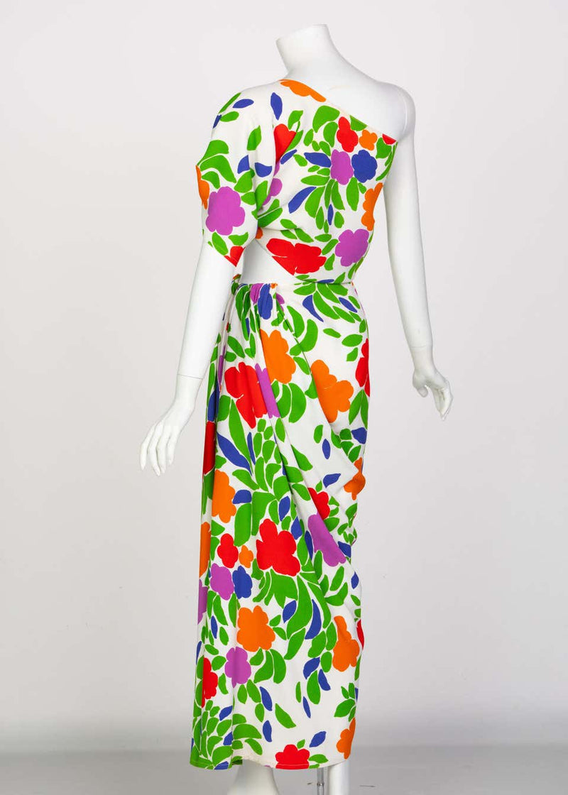 Yves Saint Laurent Floral Draped One Shoulder Top Skirt Ensemble YSL, 1970s