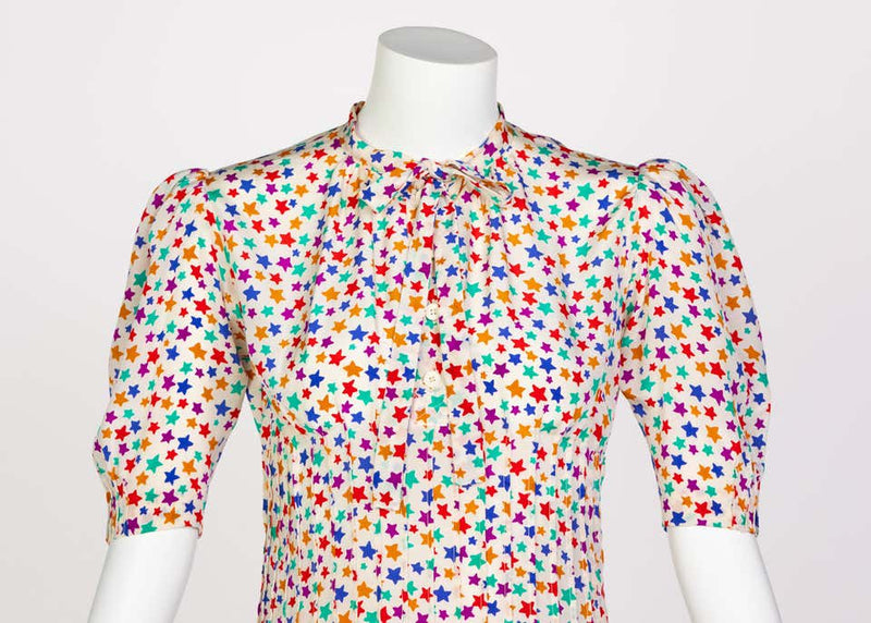 Yves Saint Laurent Multicolored Silk Stars Print Dress YSL, 1970s