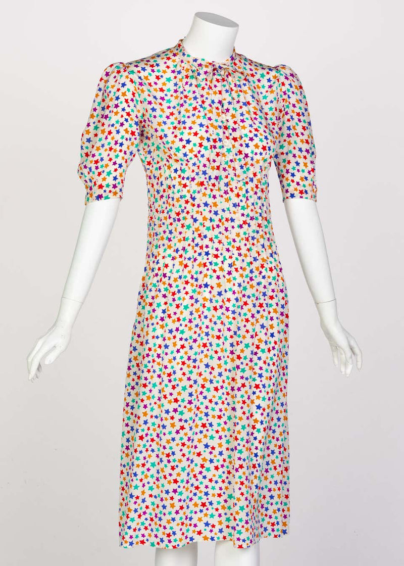 Yves Saint Laurent Multicolored Silk Stars Print Dress YSL, 1970s