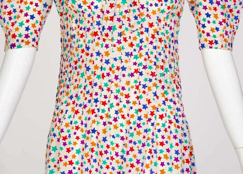 Yves Saint Laurent Multicolored Silk Stars Print Dress YSL, 1970s