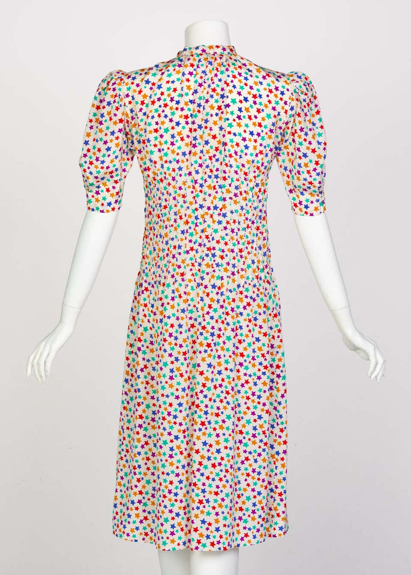 Yves Saint Laurent Multicolored Silk Stars Print Dress YSL, 1970s