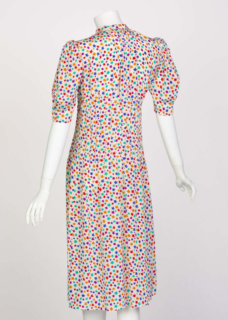 Yves Saint Laurent Multicolored Silk Stars Print Dress YSL, 1970s