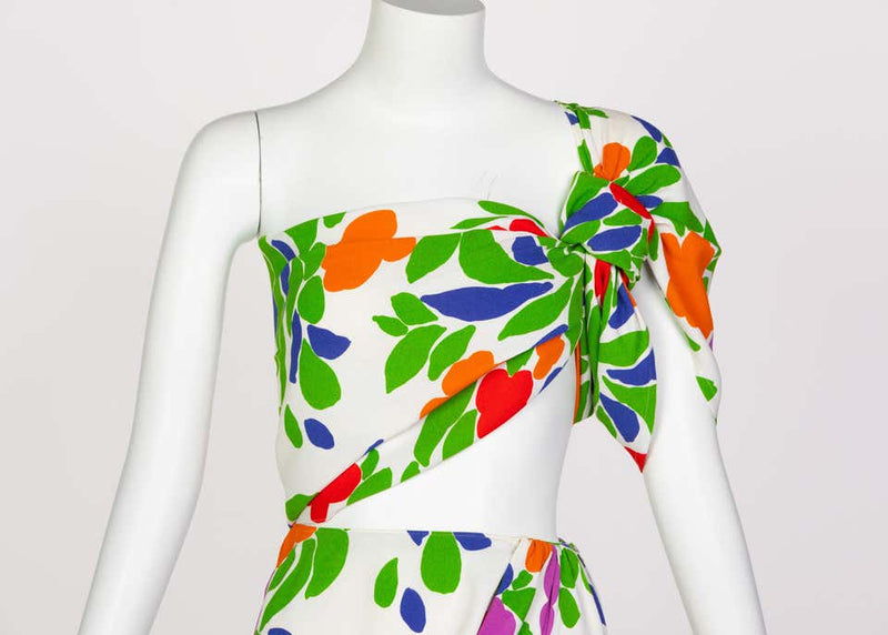 Yves Saint Laurent Floral Draped One Shoulder Top Skirt Ensemble YSL, 1970s