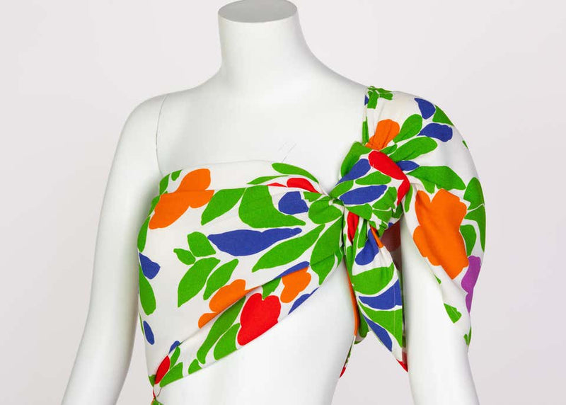 Yves Saint Laurent Floral Draped One Shoulder Top Skirt Ensemble YSL, 1970s