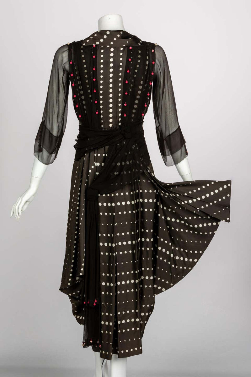 Vintage 1920s Black White Silk Dot Magenta Pom Pom Draped Dress