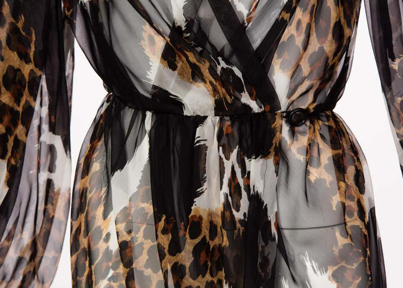 1990s Yves Saint Laurent Sheer Silk Leopard Animal Print Dress Jacket YSL