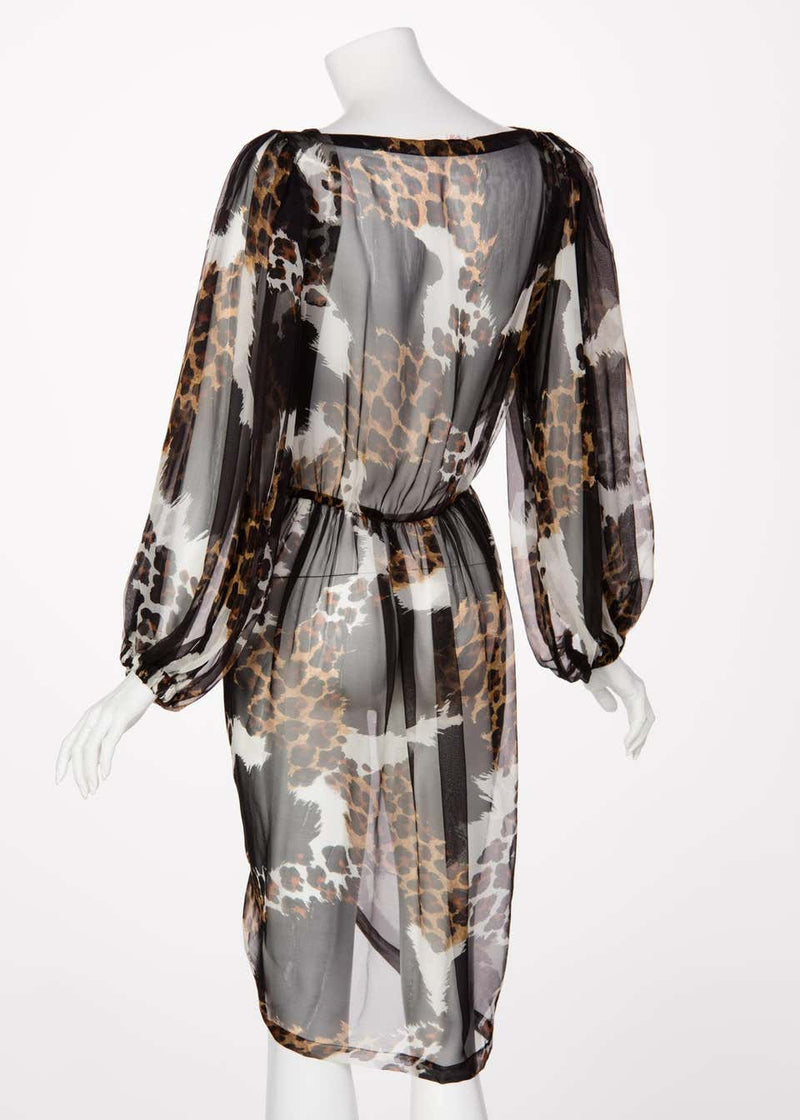 1990s Yves Saint Laurent Sheer Silk Leopard Animal Print Dress Jacket YSL