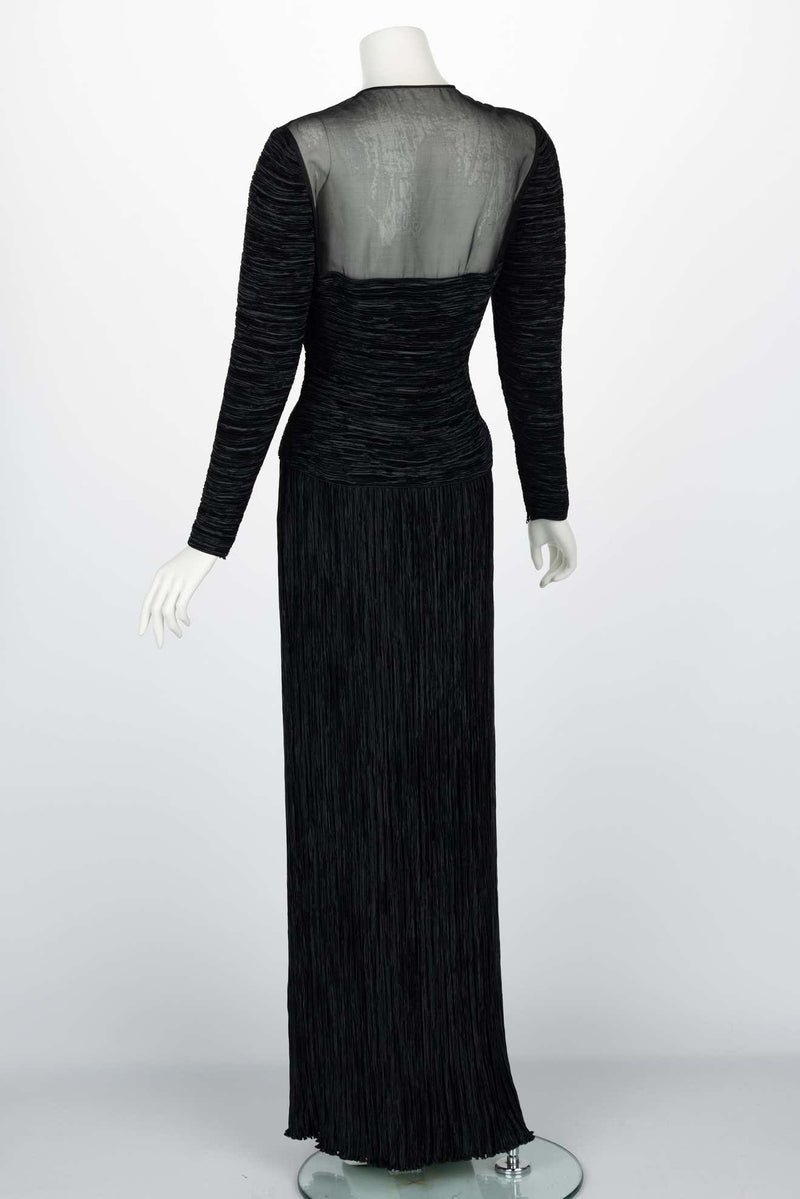 Vintage Mary McFadden Couture Black Pleated Sheer shoulder Column Gown