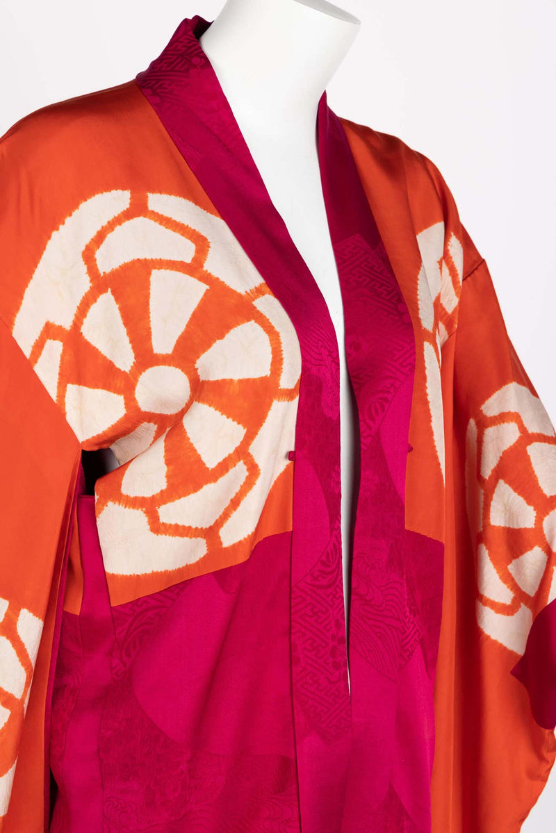 Vintage Japanese Magenta Orange Tie Dye Silk Kimono jacket, 1970s