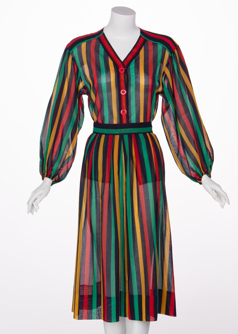 Yves Saint Laurent YSL Red Green Multicolored Striped Blouse / Skirt Set, 1990s