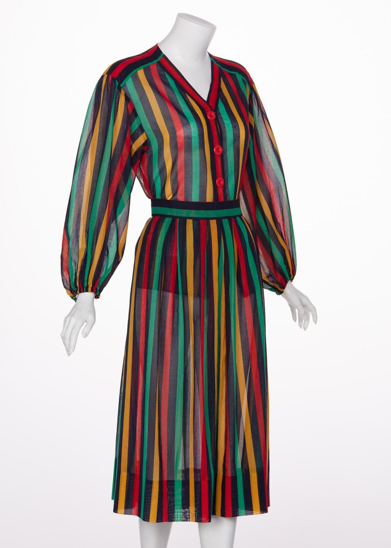 Yves Saint Laurent YSL Red Green Multicolored Striped Blouse / Skirt Set, 1990s