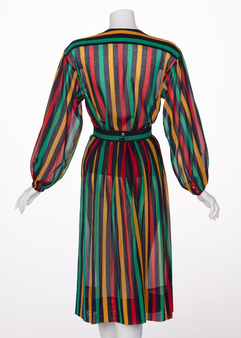 Yves Saint Laurent YSL Red Green Multicolored Striped Blouse / Skirt Set, 1990s