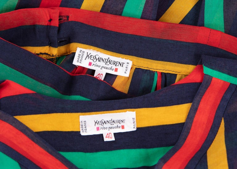 Yves Saint Laurent YSL Red Green Multicolored Striped Blouse / Skirt Set, 1990s