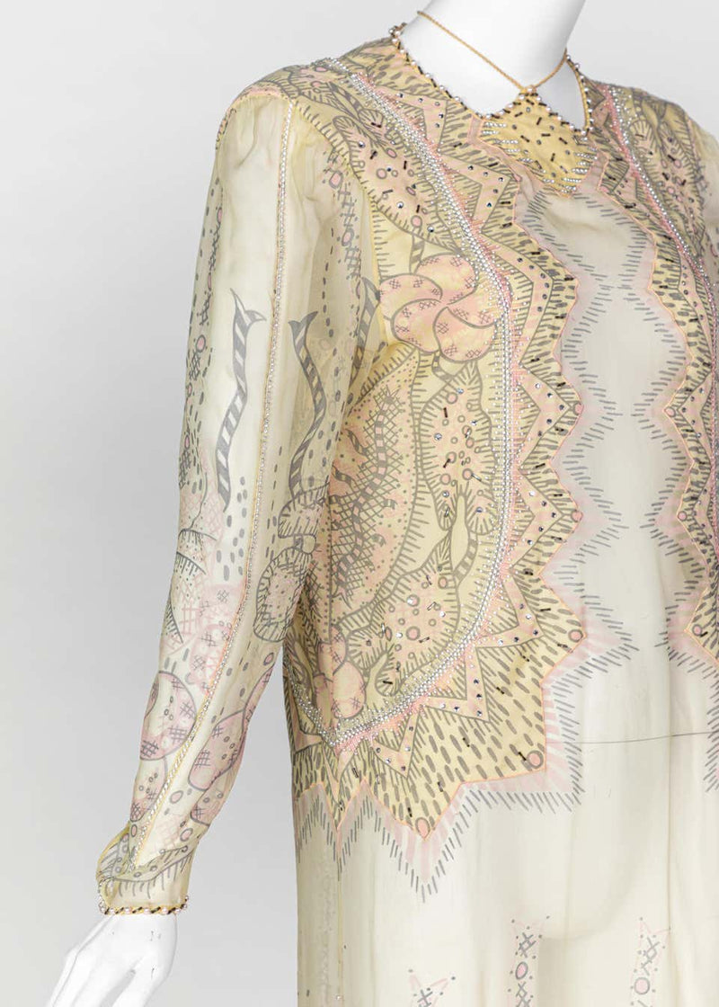 Zandra Rhodes Unlabelled Hand Painted Sheer Silk Pearl Edged Dress, 1980s