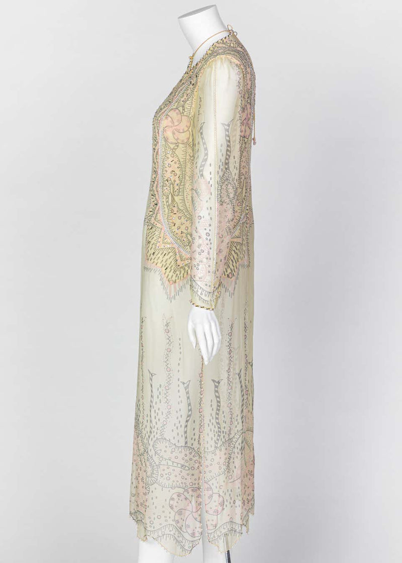 Zandra Rhodes Unlabelled Hand Painted Sheer Silk Pearl Edged Dress, 1980s