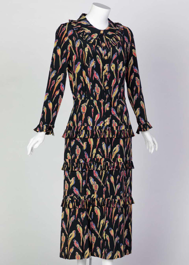 Chanel Black Silk Colorful Bird Print Gold Button Dress, 1980s