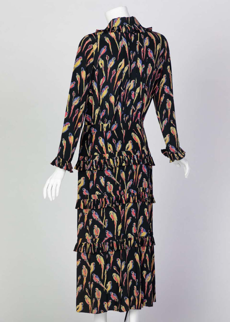 Chanel Black Silk Colorful Bird Print Gold Button Dress, 1980s