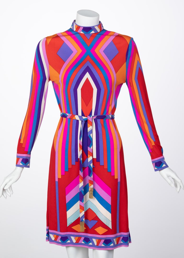 Leonard Paris Silk Jersey Graphic Printed Dress with belt, 1970s