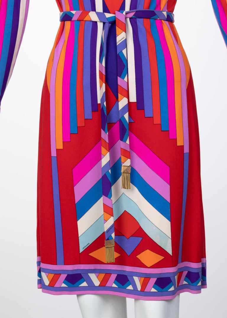 Leonard Paris Silk Jersey Graphic Printed Dress with belt, 1970s