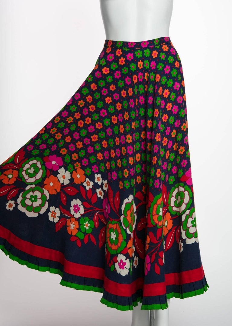1970s Lanvin Haute-Couture Multicolored Florals Wool Skirt & Shawl Set