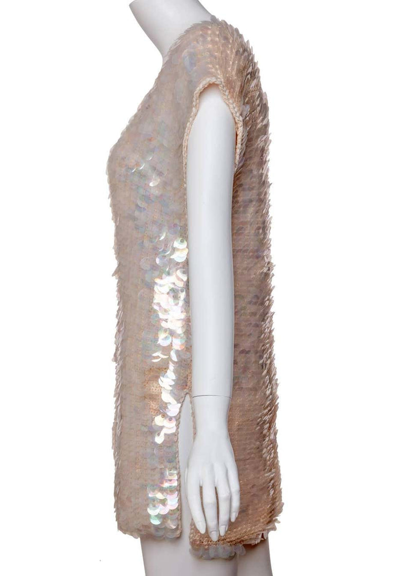 1960s Sleeveless Plunge Neck Iridescent Pink Paillette Tunic Top Mini Dress