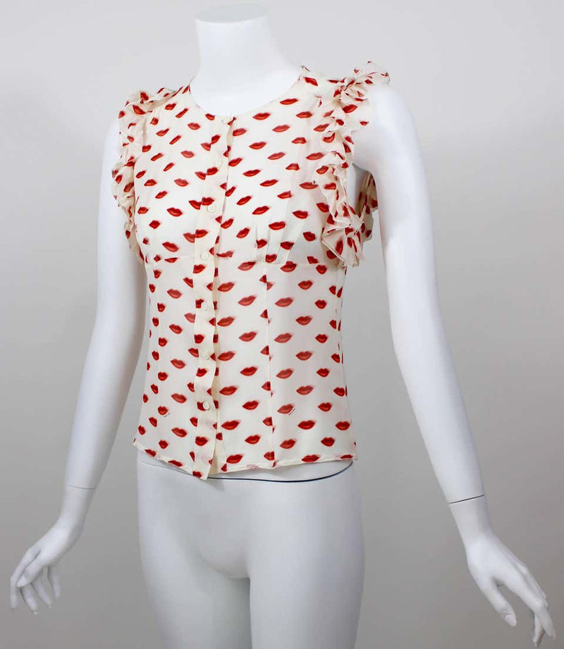 Prada Lips Sleeveless Ruffle Silk Blouse 2012