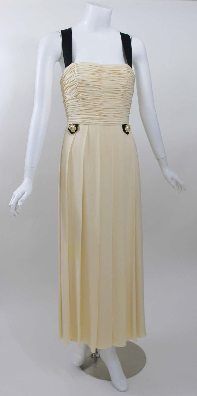 1994 Chanel Ivory Silk chiffon Ruched Bodice and Pearl Button Dress Vintage