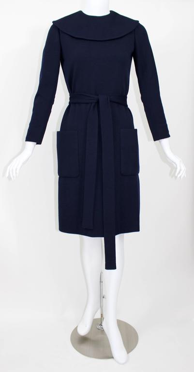 1960s Norman Norell Midnight Blue Wool Jersey Dress