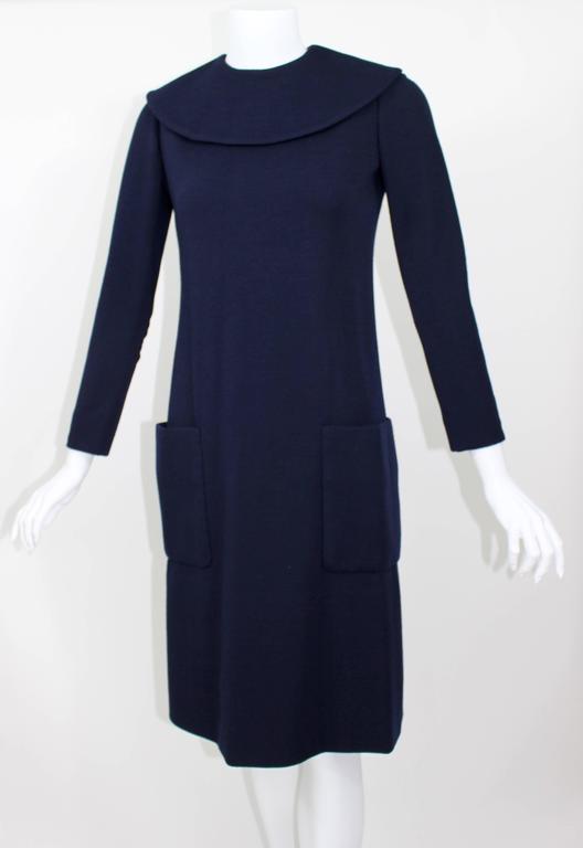 1960s Norman Norell Midnight Blue Wool Jersey Dress