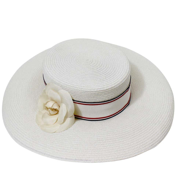 Vintage Chanel White Hat w/ Camellia Flower & Ribbon Trim