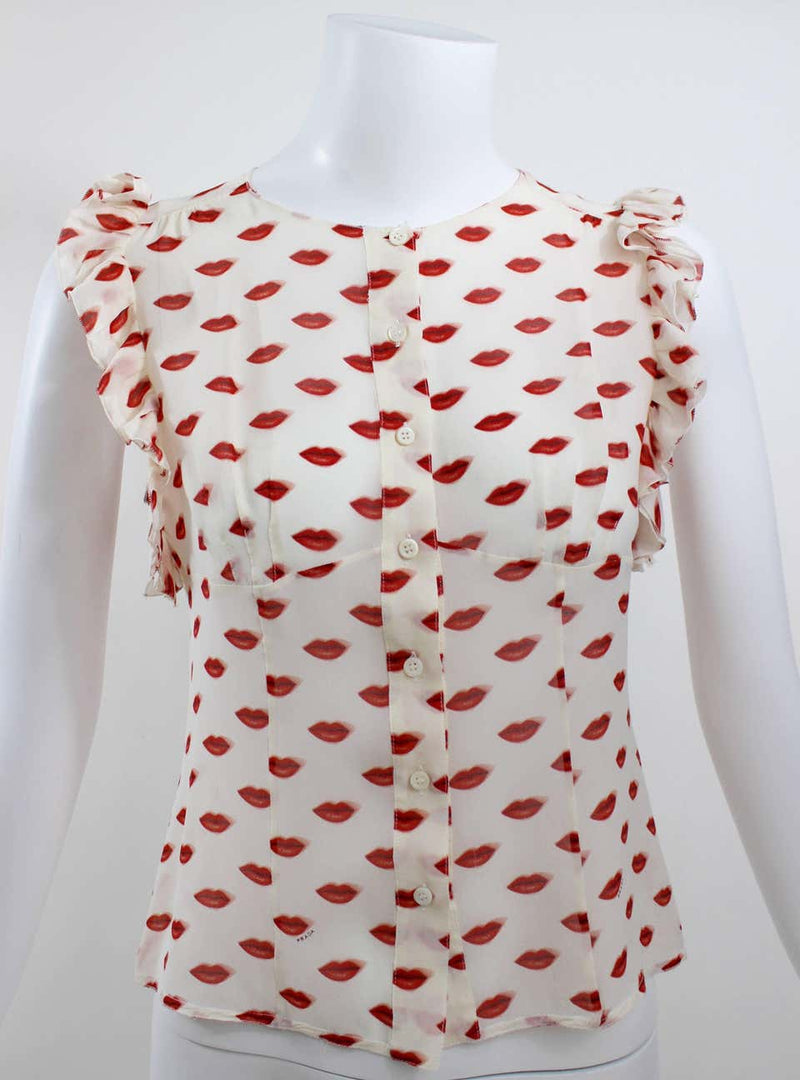 Prada Lips Sleeveless Ruffle Silk Blouse 2012