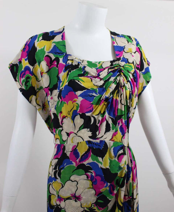 1940s Bright Floral Silk Damask Square Neckline & Ruched Short Sleeve Dress