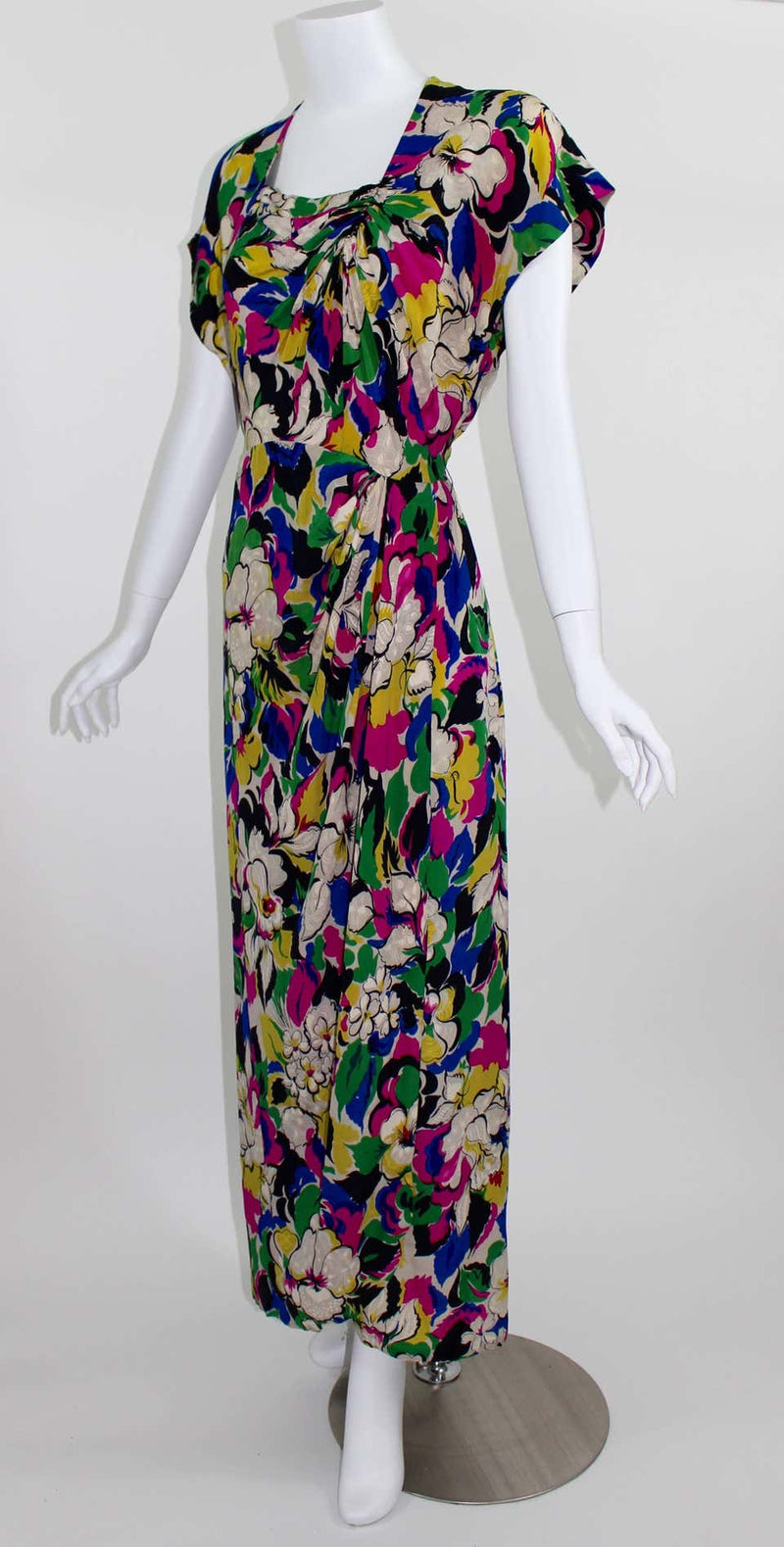 1940s Bright Floral Silk Damask Square Neckline & Ruched Short Sleeve Dress