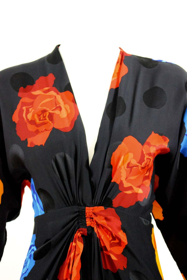 1980s Adele Simpson Silk Roses and Black Dots Plunge Neck Evening Dress