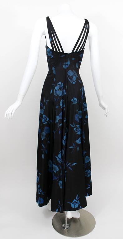 1930s Black and Blue Batik Floral Print Strappy Sleeveless Maxi Dress / Gown