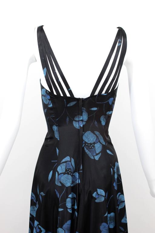 1930s Black and Blue Batik Floral Print Strappy Sleeveless Maxi Dress / Gown